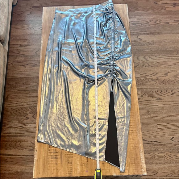 AllSaints Carla Gathered Silver Metallic Midi Skirt Side Split Polyester Size 10 - Picture 15 of 15